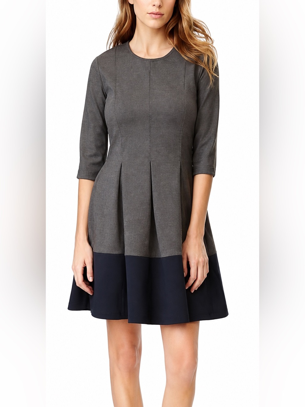 Gap Fit & Flare Ponte Colorblock Dress 12 Gray Navy Pleated 3/4 Sleeve Career